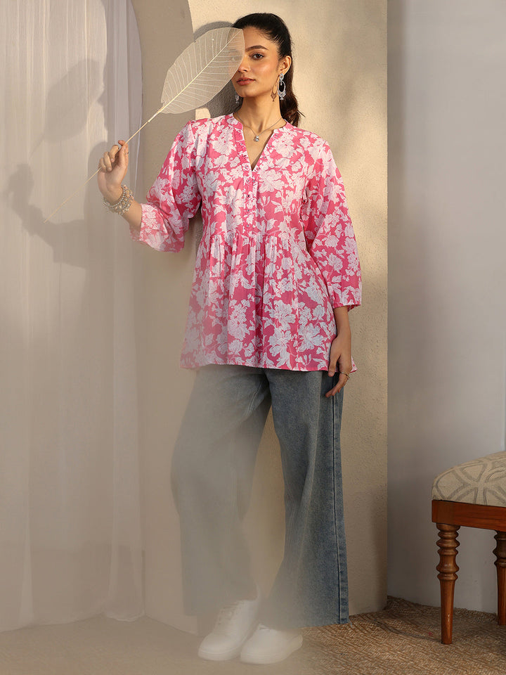 Pink Printed Cotton A-Line Short Kurti