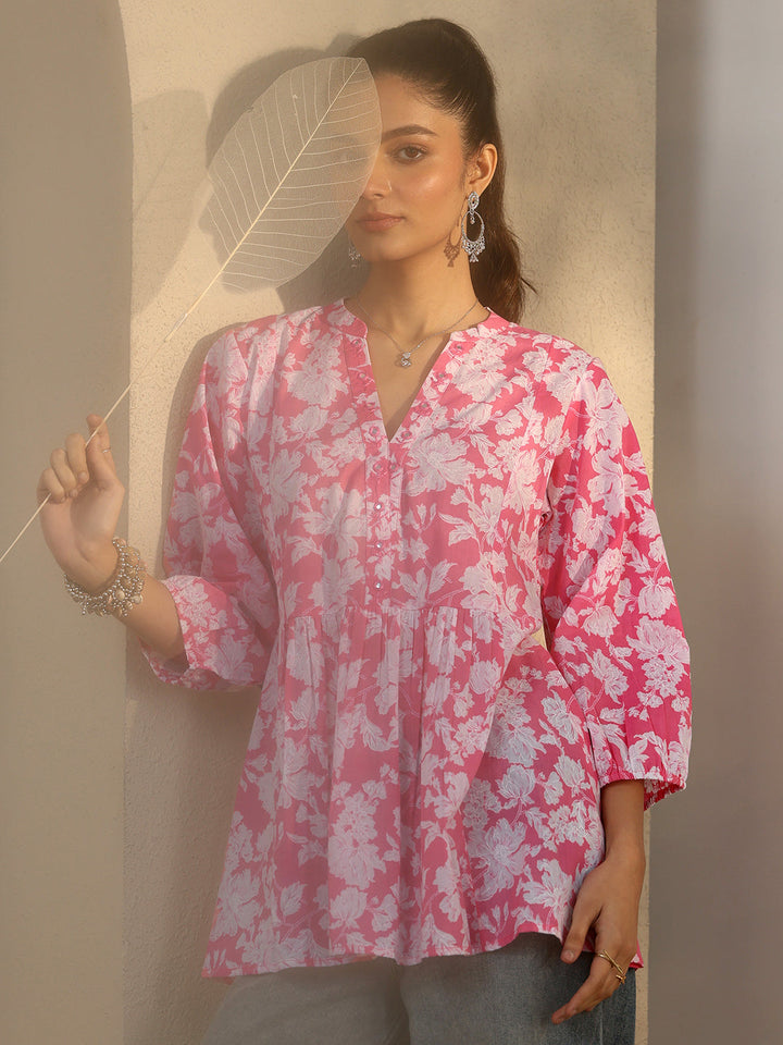 Pink Printed Cotton A-Line Short Kurti