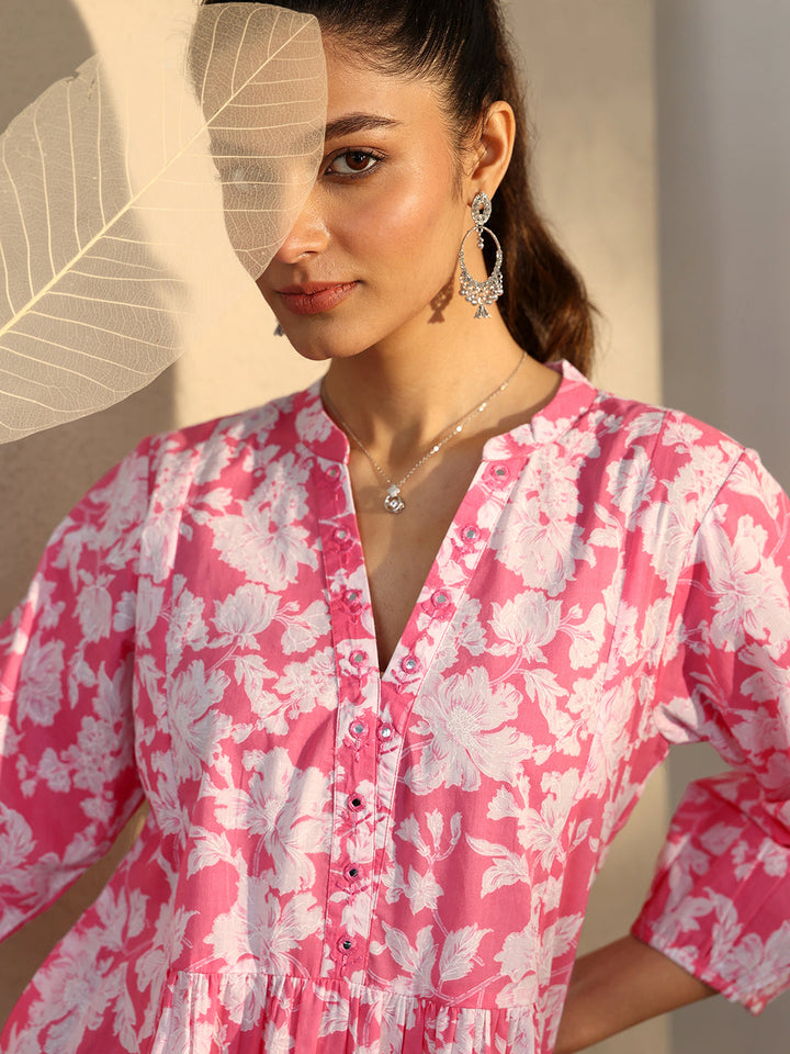 Pink Printed Cotton A-Line Short Kurti