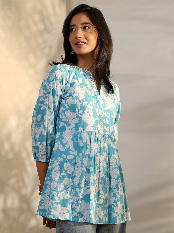 Blue Printed Cotton A-Line Short Kurti