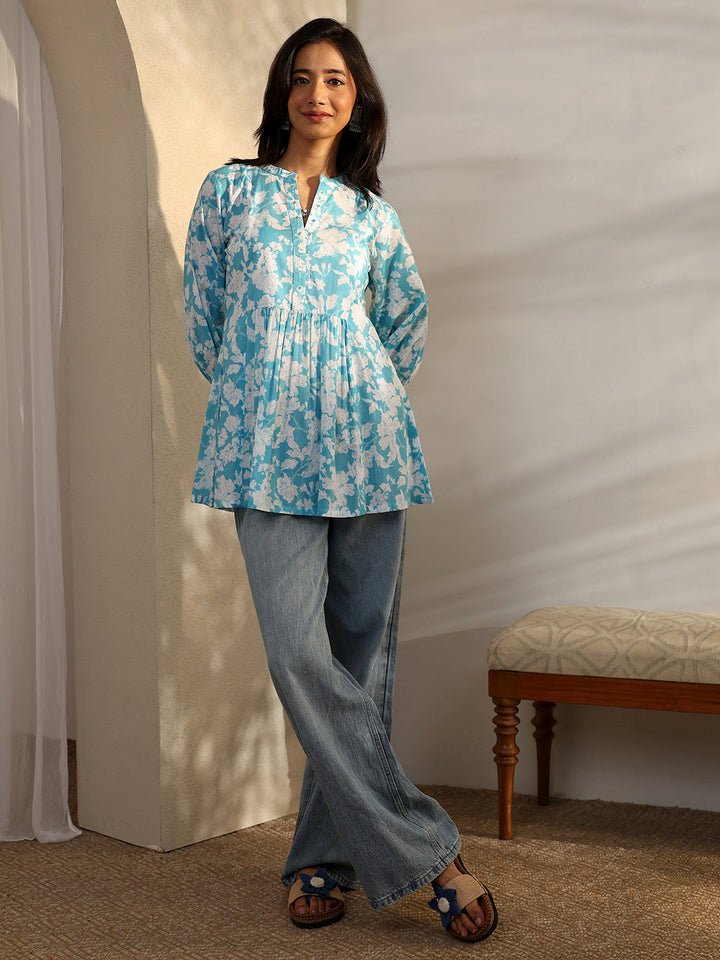 Blue Printed Cotton A-Line Short Kurti