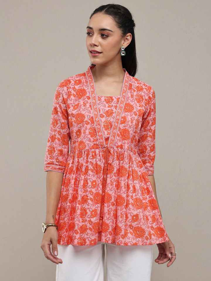 Libas Peach Floral Printed Cotton Blend Anarkali Short Kurti