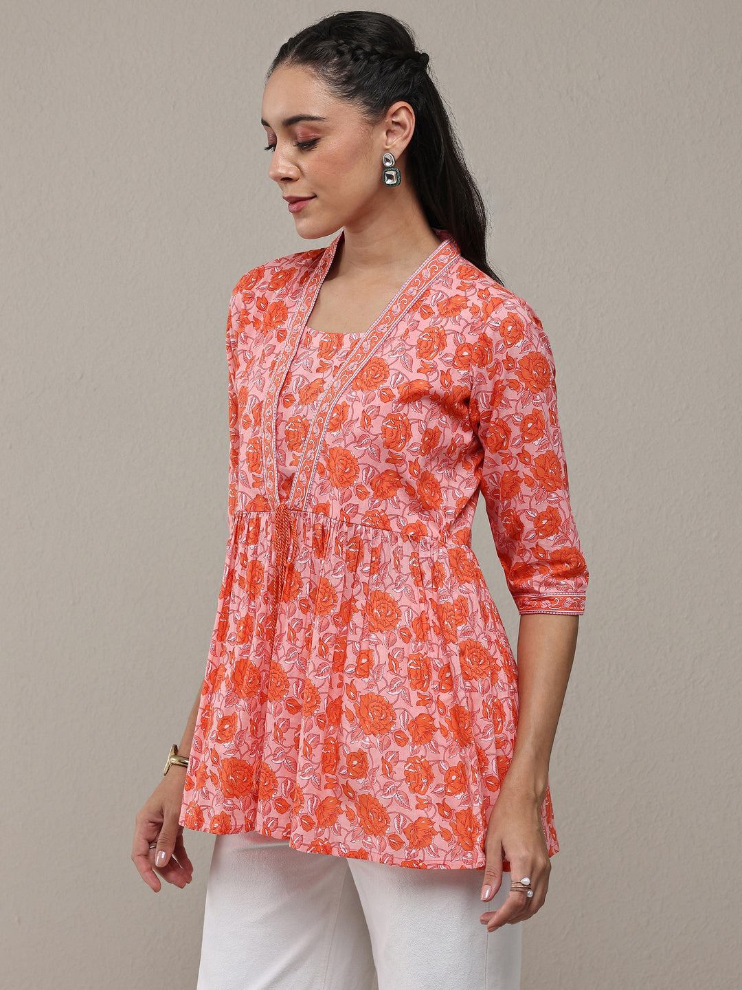 Libas Peach Floral Printed Cotton Blend Anarkali Short Kurti