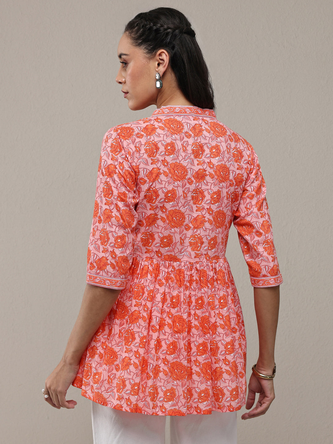 Libas Peach Floral Printed Cotton Blend Anarkali Short Kurti