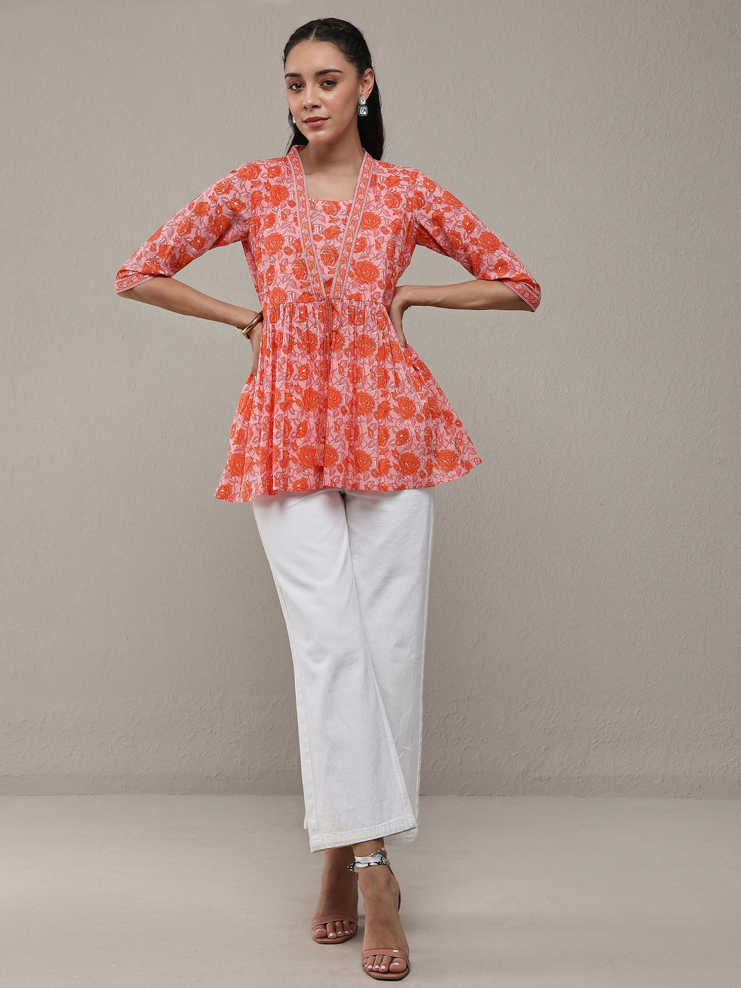Libas Peach Floral Printed Cotton Blend Anarkali Short Kurti