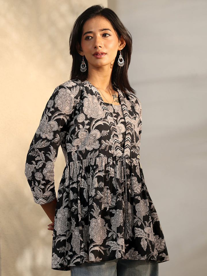 Black Printed Cotton A-Line Short Kurti