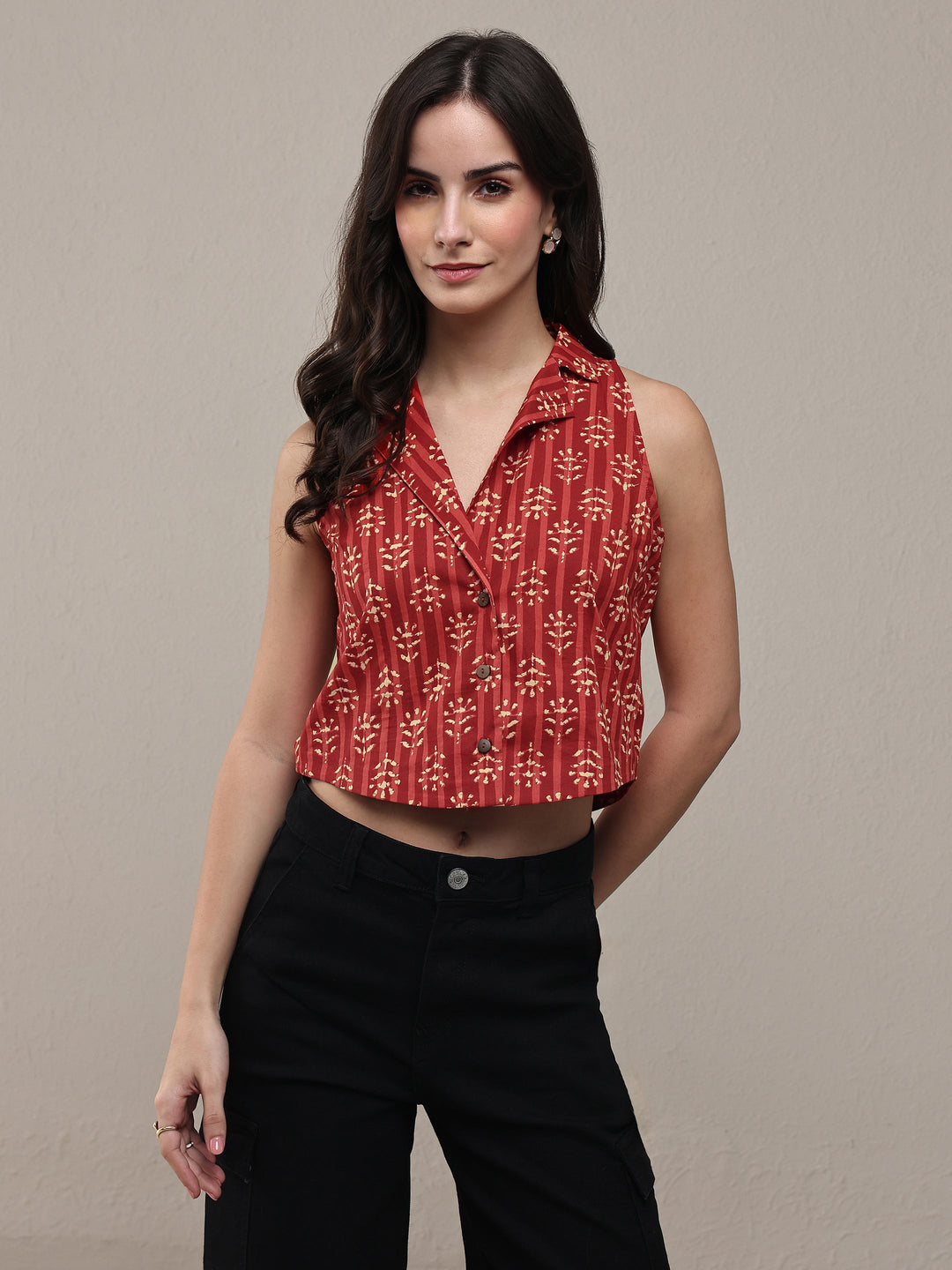 Rust Ethnic Printed Cotton Crop Top