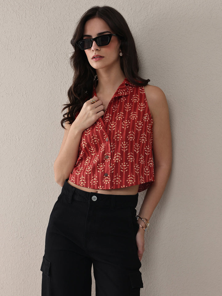 Rust Ethnic Printed Cotton Crop Top