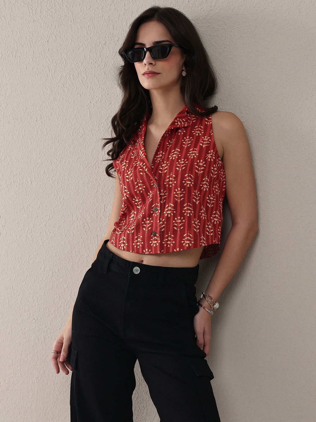 Rust Ethnic Printed Cotton Crop Top