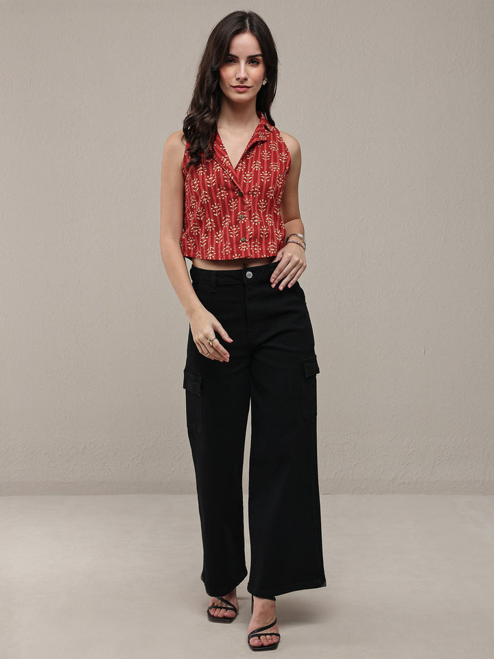 Rust Ethnic Printed Cotton Crop Top