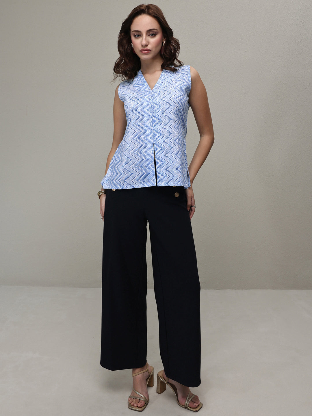 Libas Blue Chevron Printed Cotton Top