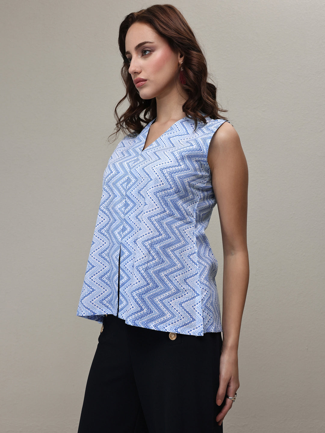 Libas Blue Chevron Printed Cotton Top