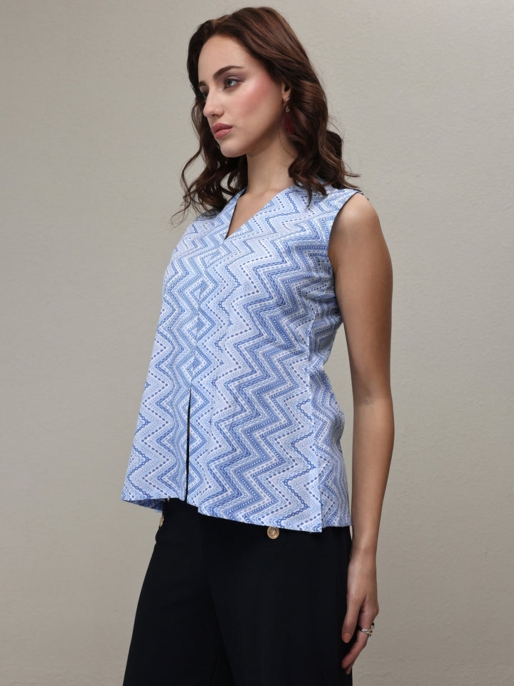 Libas Blue Chevron Printed Cotton Top