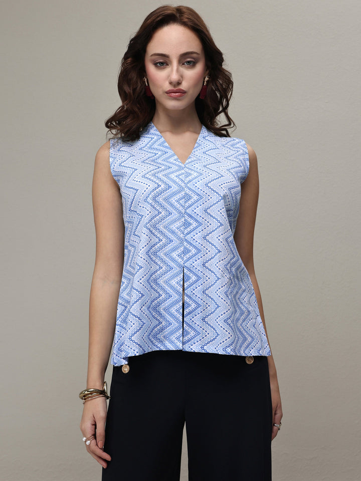 Libas Blue Chevron Printed Cotton Top