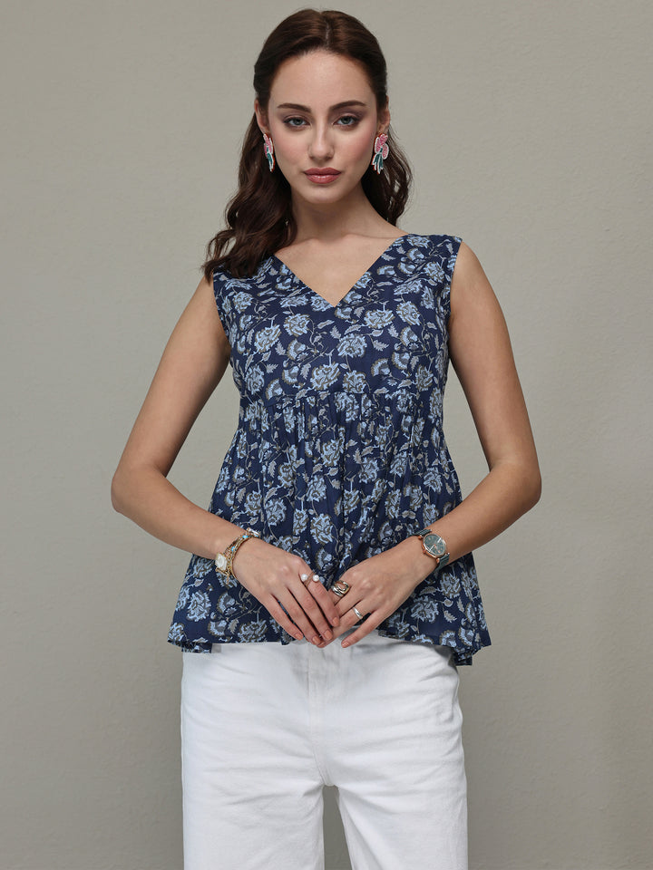 Libas Blue Floral Printed Cotton Anarkali Top