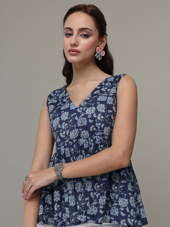 Libas Blue Floral Printed Cotton Anarkali Top