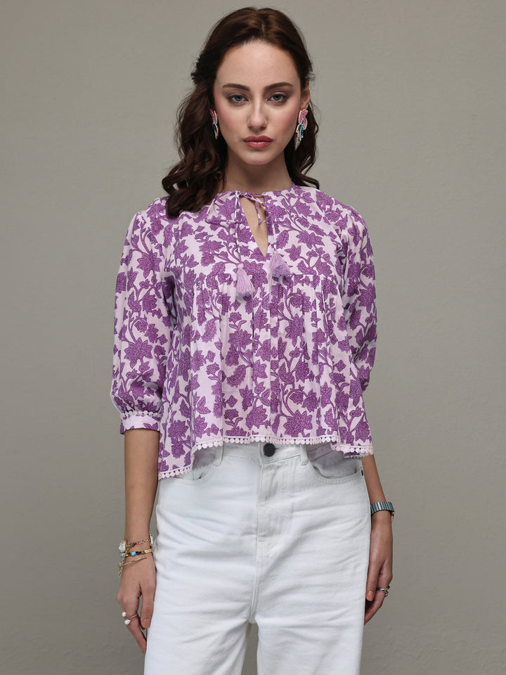 Libas Purple Floral Printed Cotton Tie-Up Top