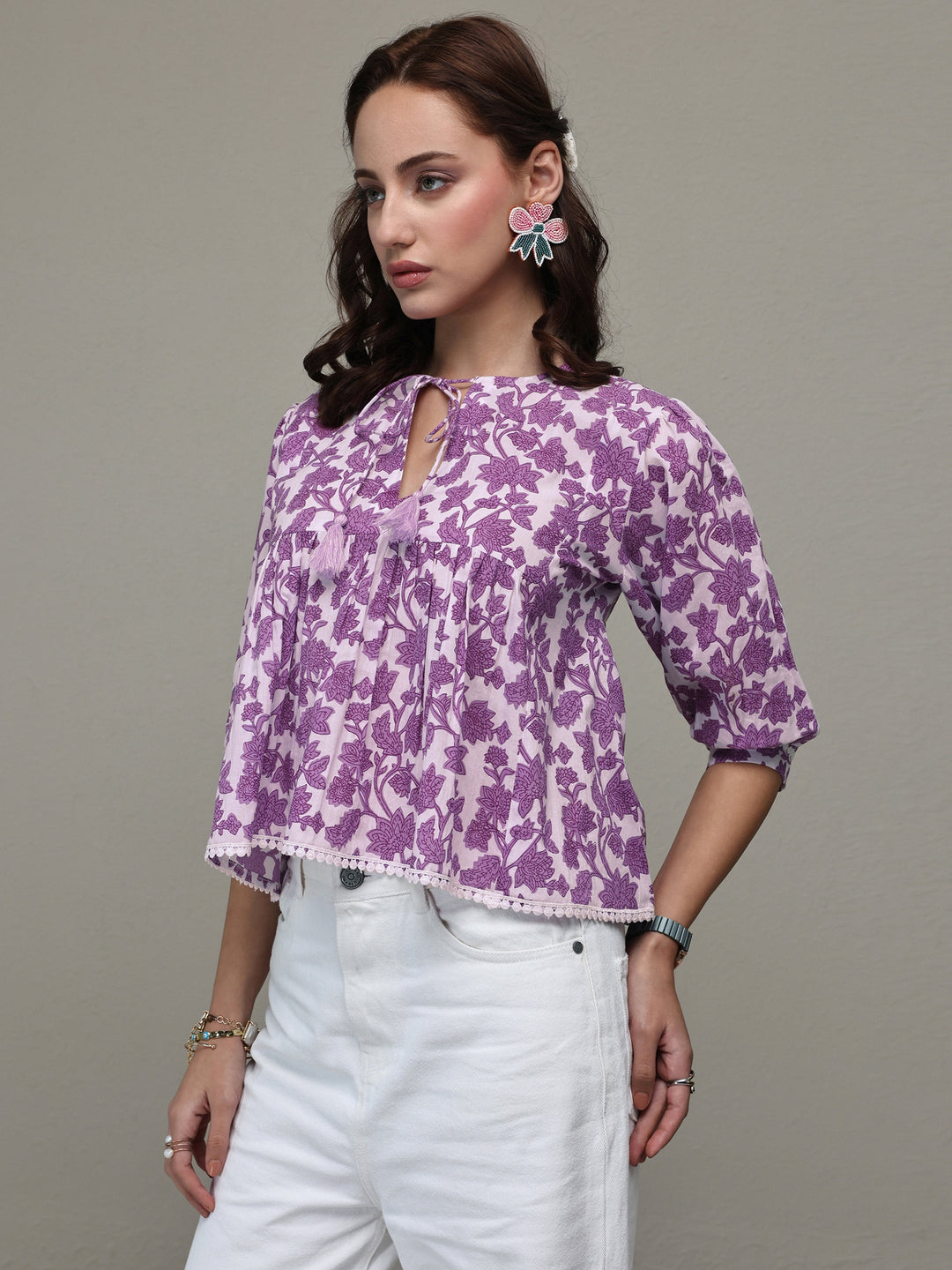Libas Purple Floral Printed Cotton Tie-Up Top
