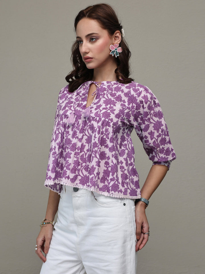 Libas Purple Floral Printed Cotton Tie-Up Top