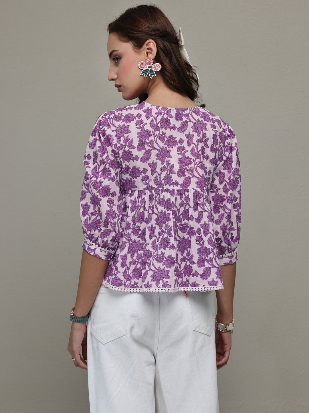 Libas Purple Floral Printed Cotton Tie-Up Top