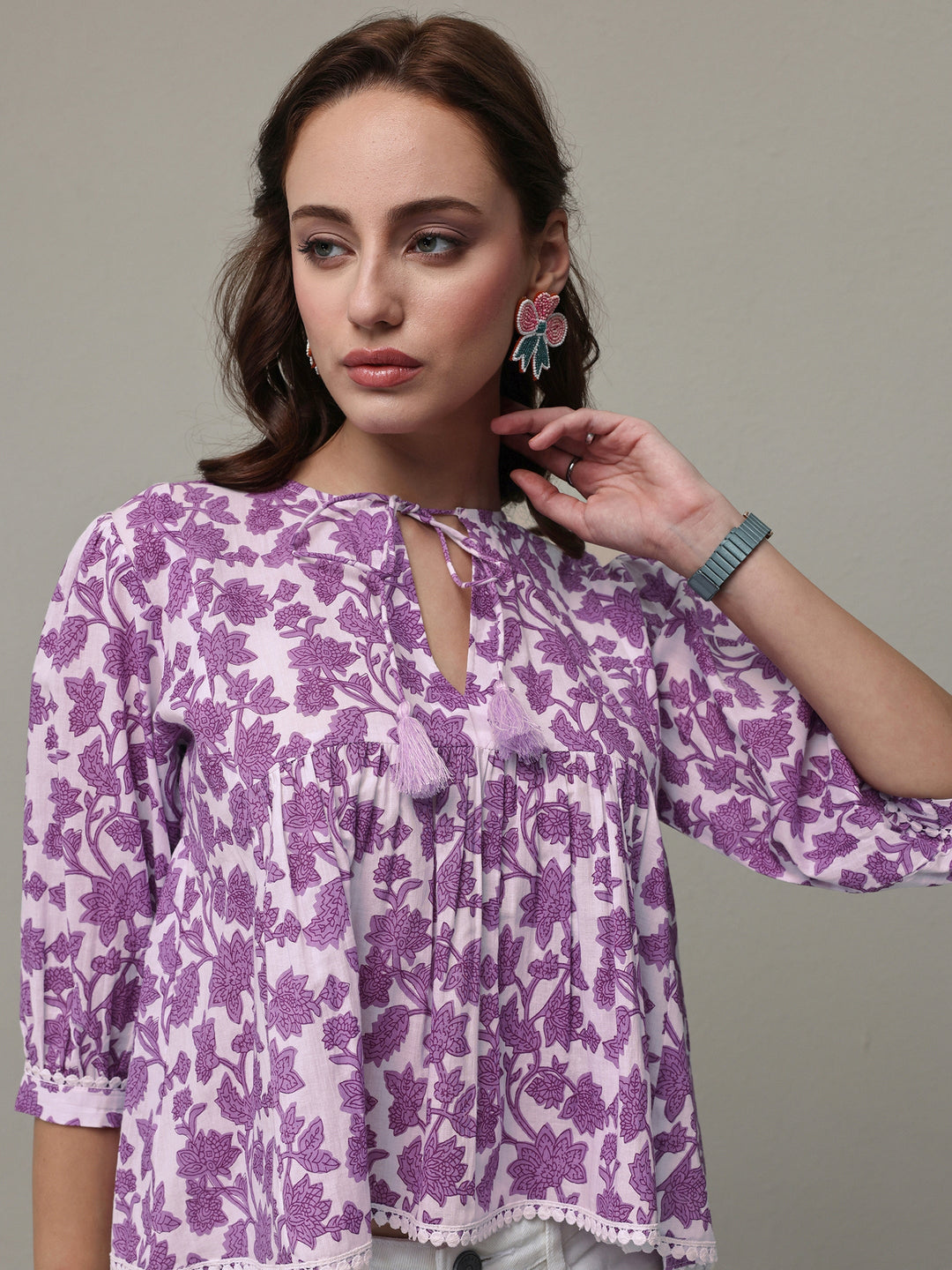 Libas Purple Floral Printed Cotton Tie-Up Top