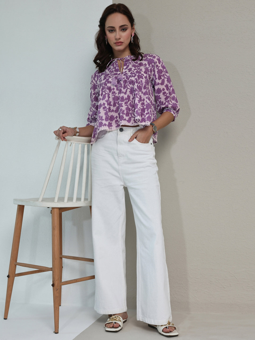 Libas Purple Floral Printed Cotton Tie-Up Top