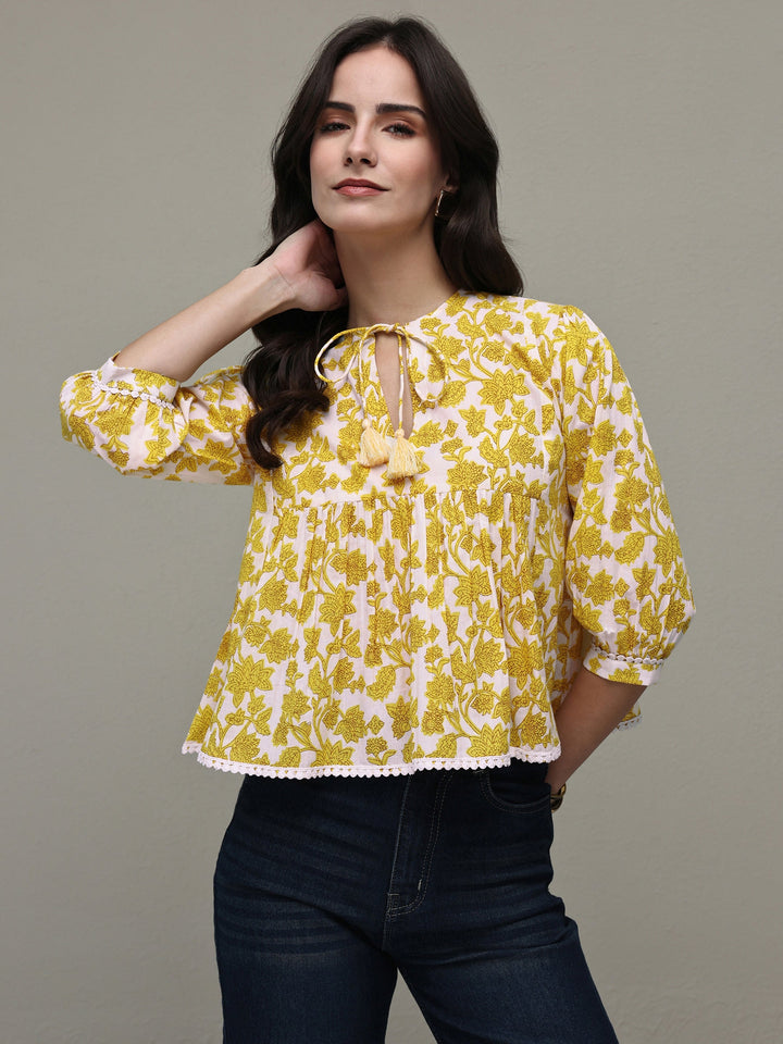 Libas Yellow Floral Printed Cotton Tie-Up Top