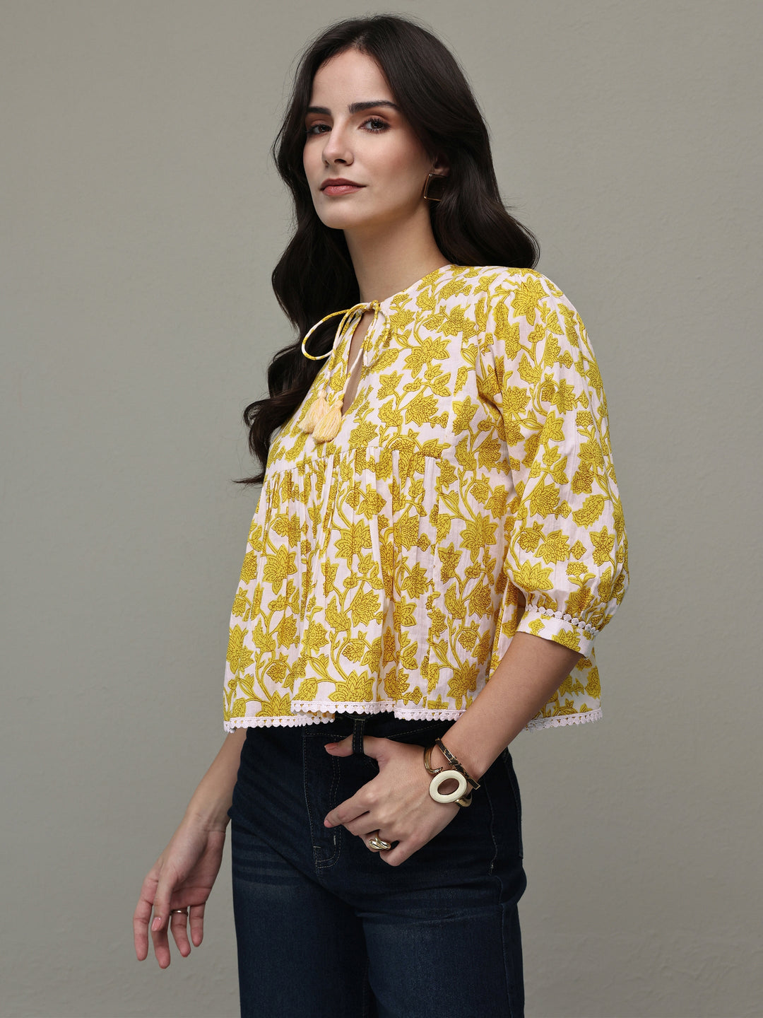 Libas Yellow Floral Printed Cotton Tie-Up Top