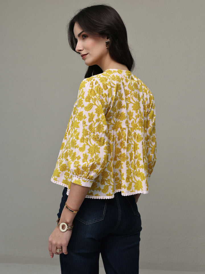 Libas Yellow Floral Printed Cotton Tie-Up Top