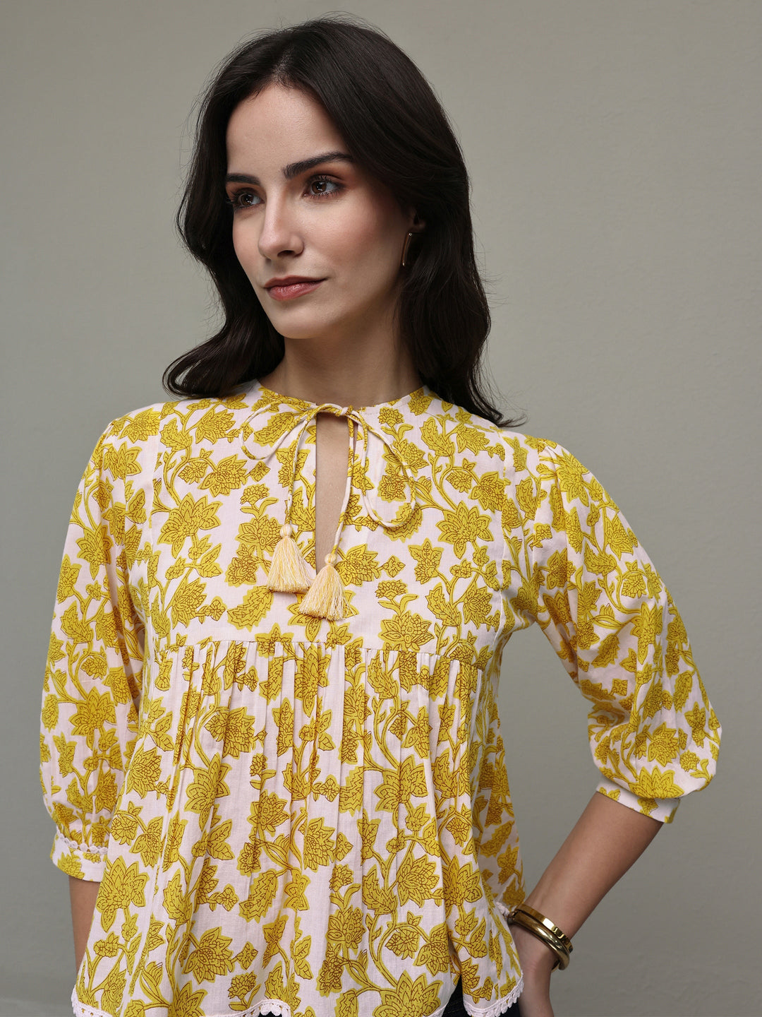Libas Yellow Floral Printed Cotton Tie-Up Top