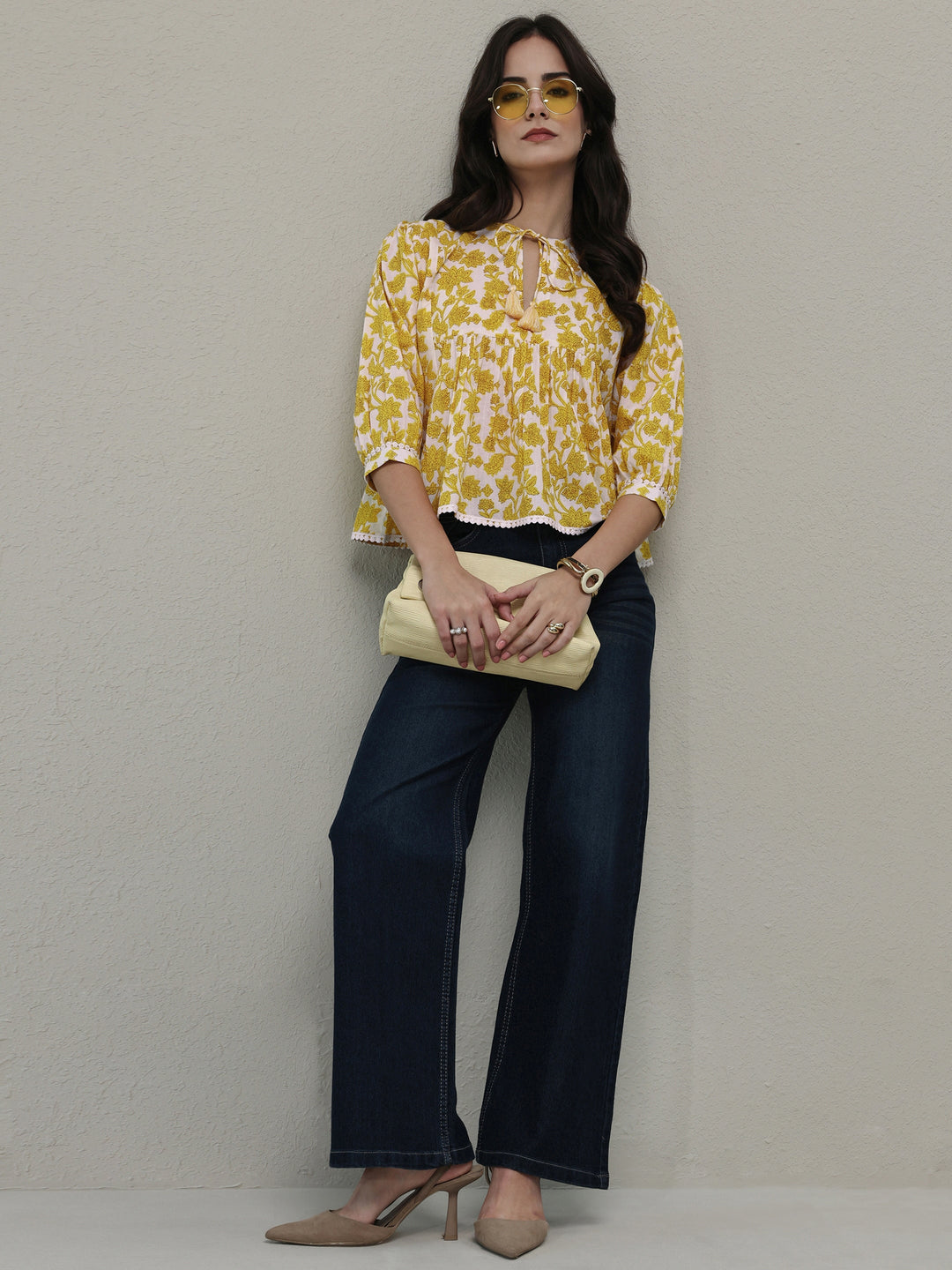 Libas Yellow Floral Printed Cotton Tie-Up Top