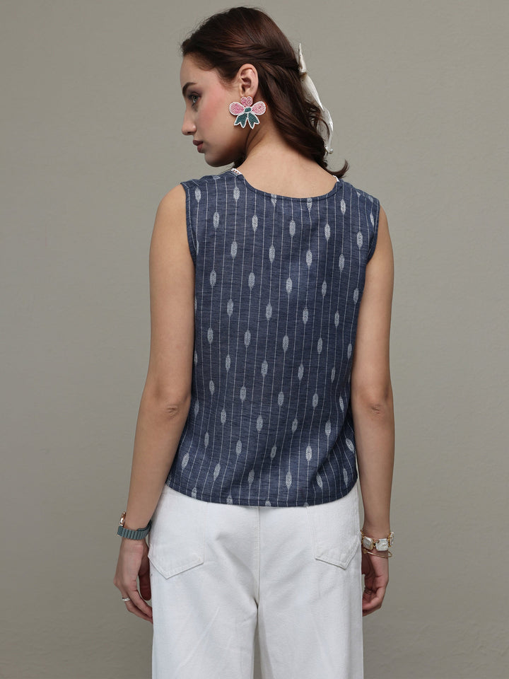 Blue Ethnic Woven Design Cotton Blend Top
