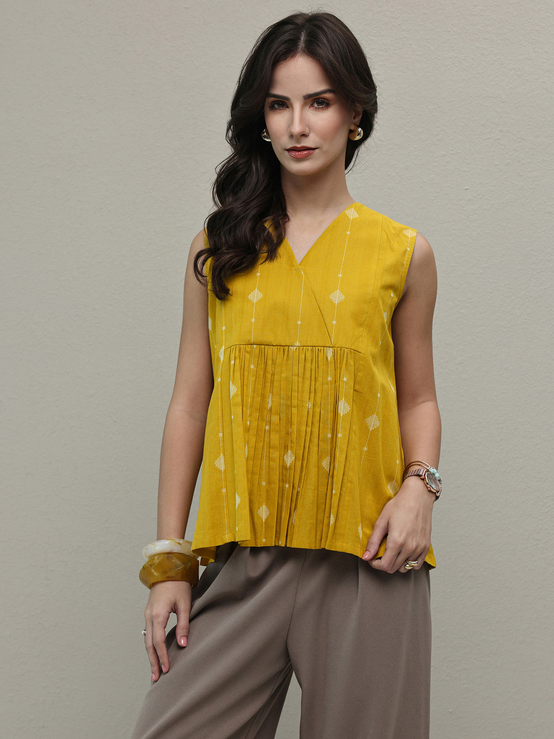 Libas Yellow Woven Design Cotton A-Line Top