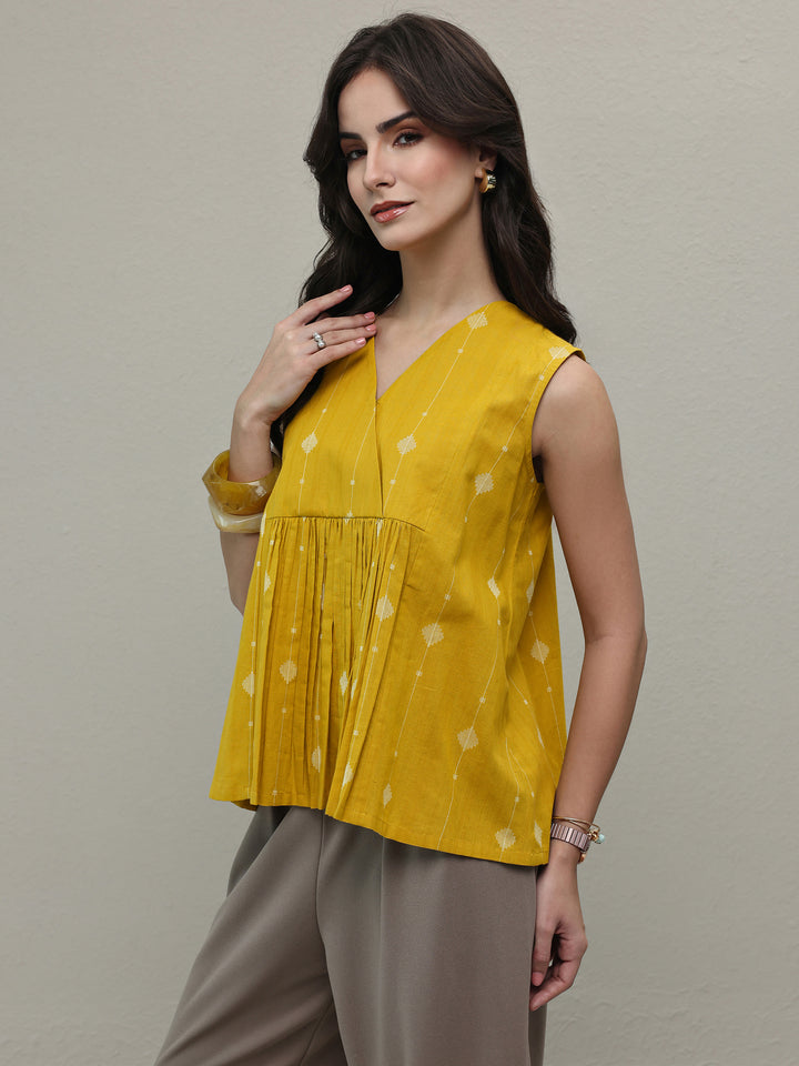 Libas Yellow Woven Design Cotton A-Line Top