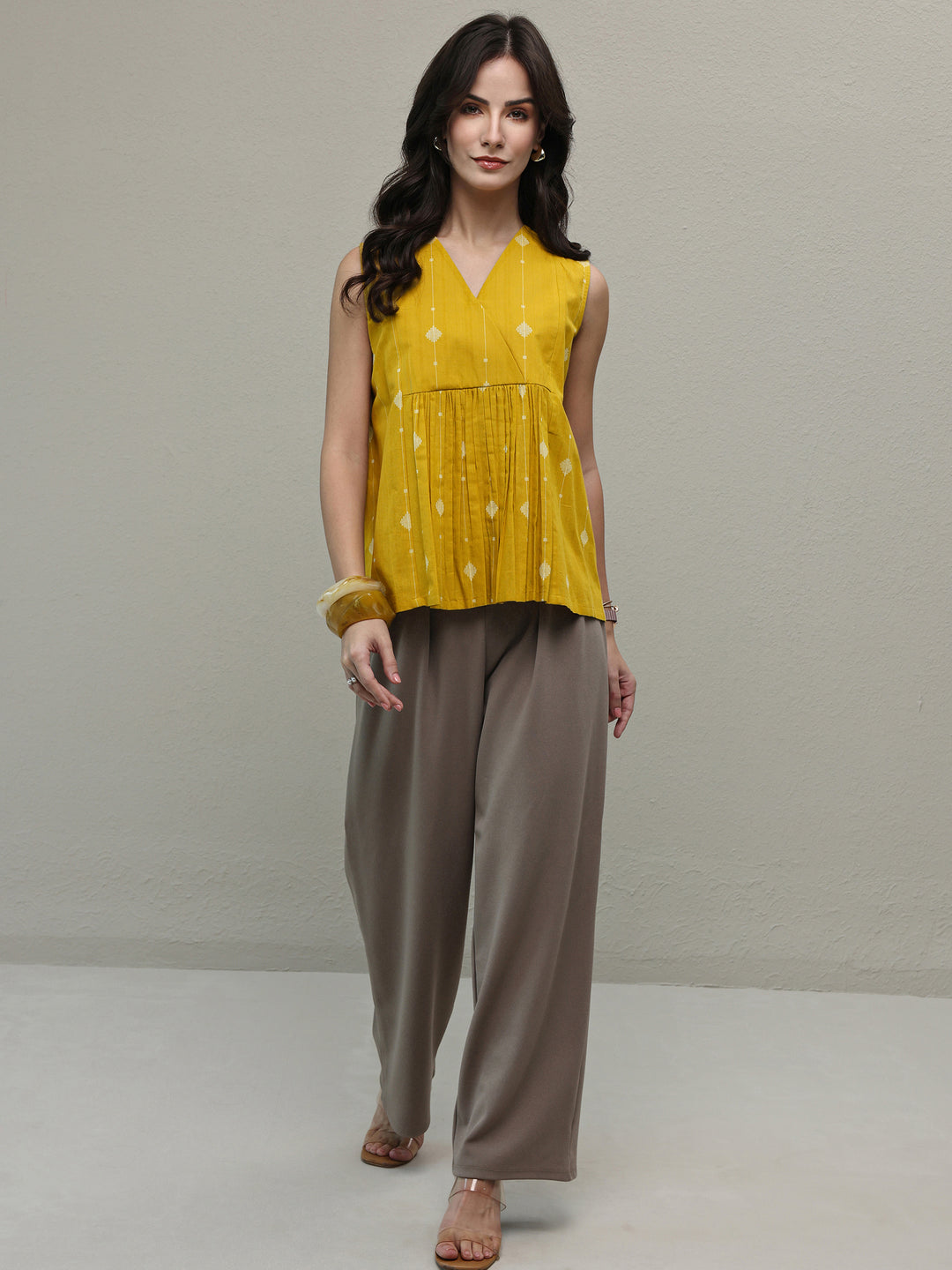 Libas Yellow Woven Design Cotton A-Line Top