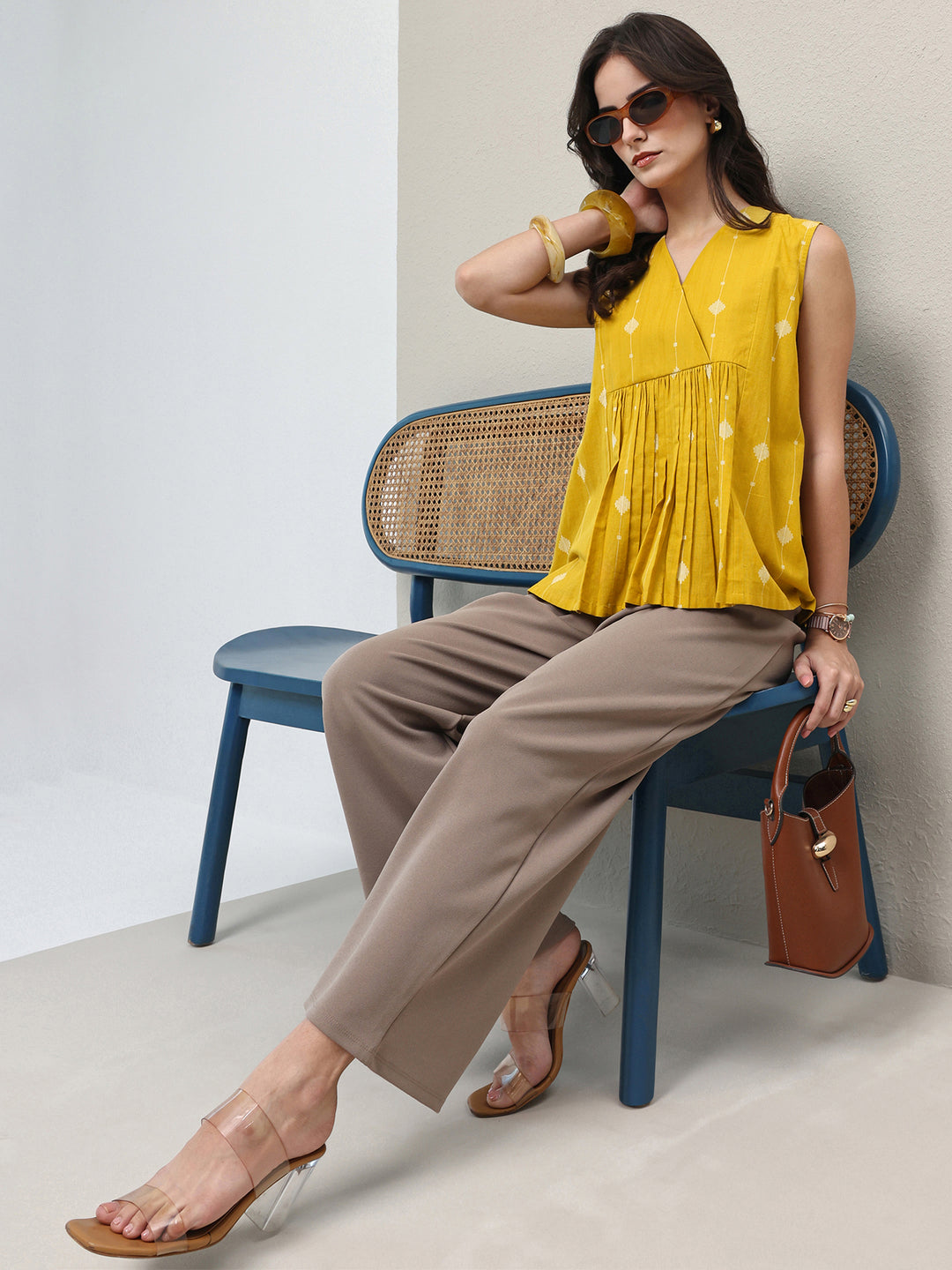 Libas Yellow Woven Design Cotton A-Line Top