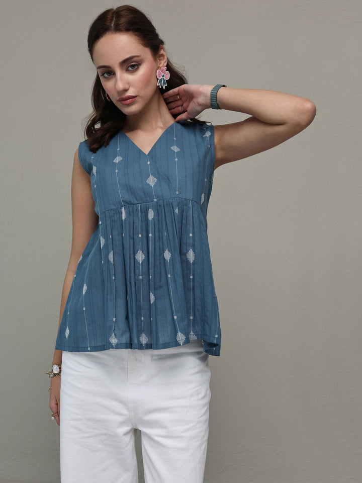Libas Blue Ethnic Woven Design Cotton Top
