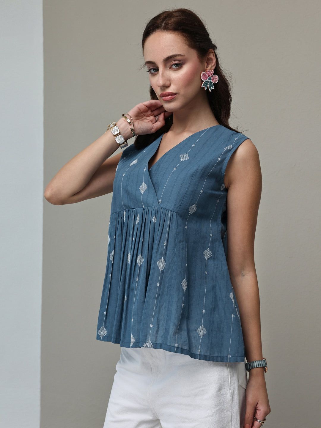 Libas Blue Ethnic Woven Design Cotton Top