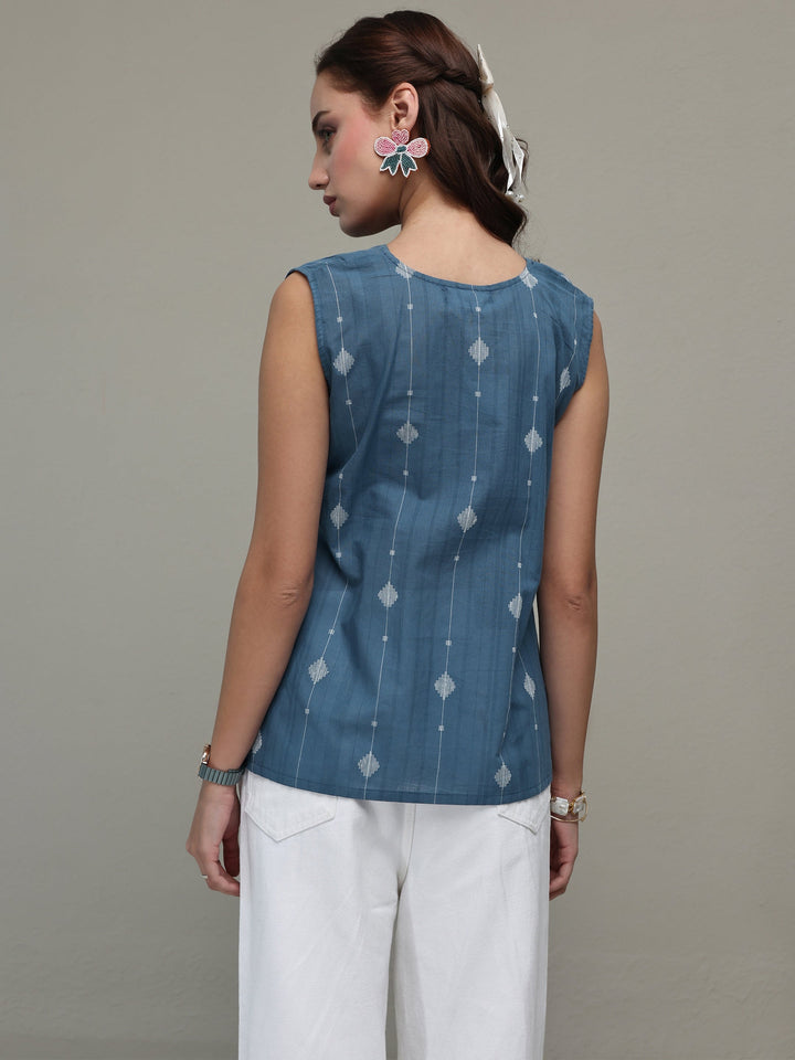 Libas Blue Ethnic Woven Design Cotton Top