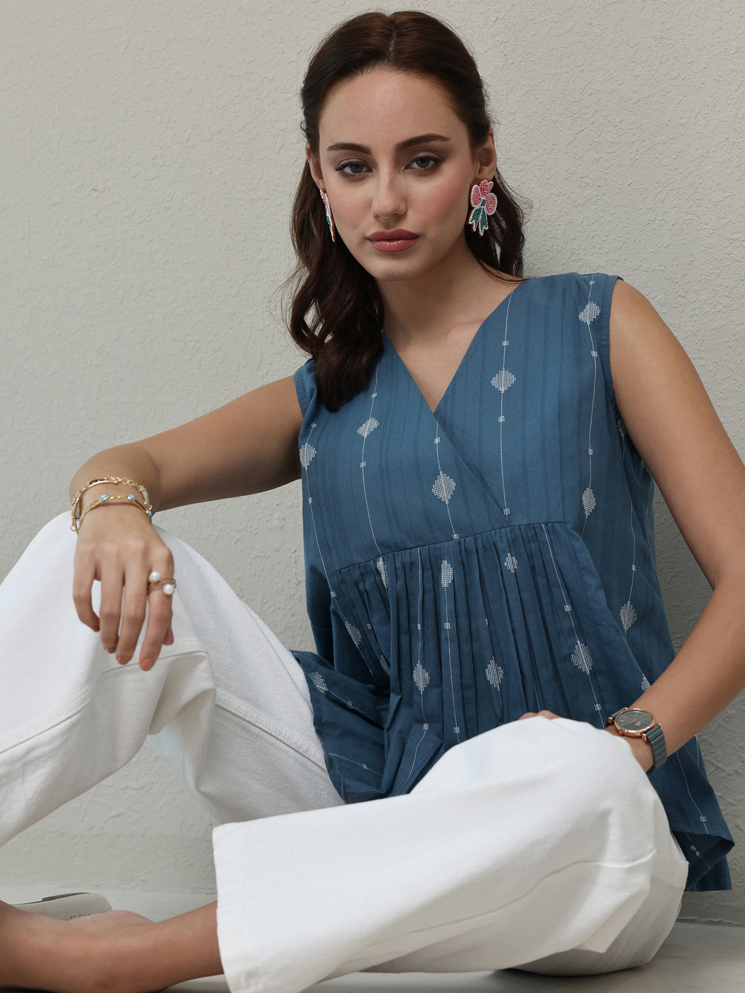 Libas Blue Ethnic Woven Design Cotton Top