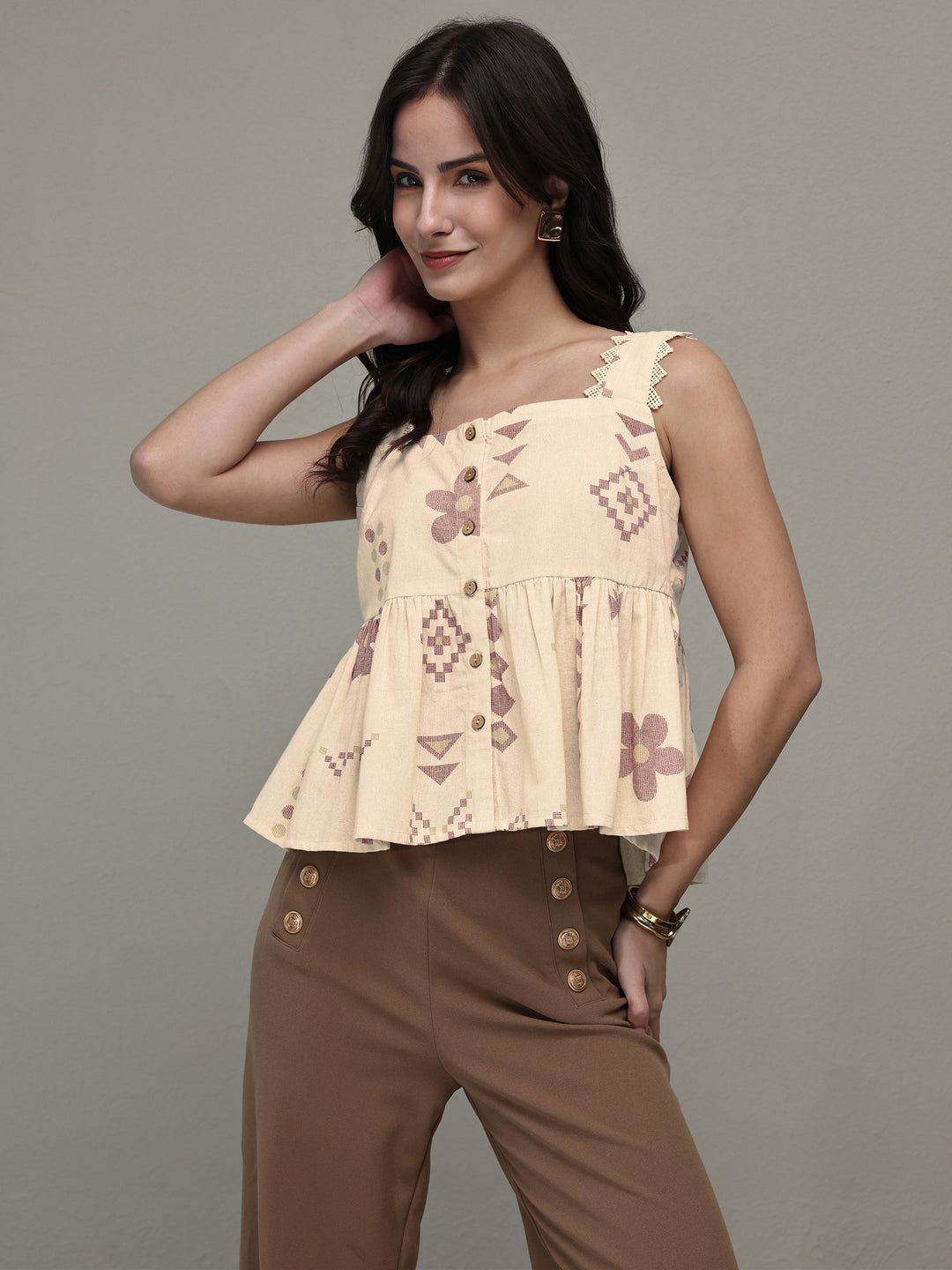 Off White Geometric Printed Cotton Anarkali Top