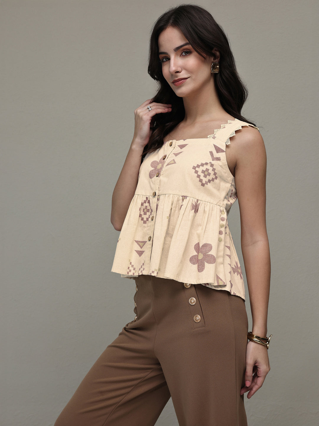 Off White Geometric Printed Cotton Anarkali Top