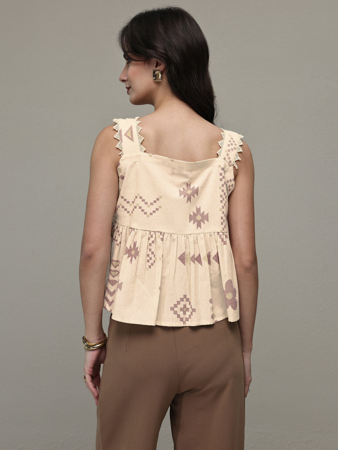 Off White Geometric Printed Cotton Anarkali Top