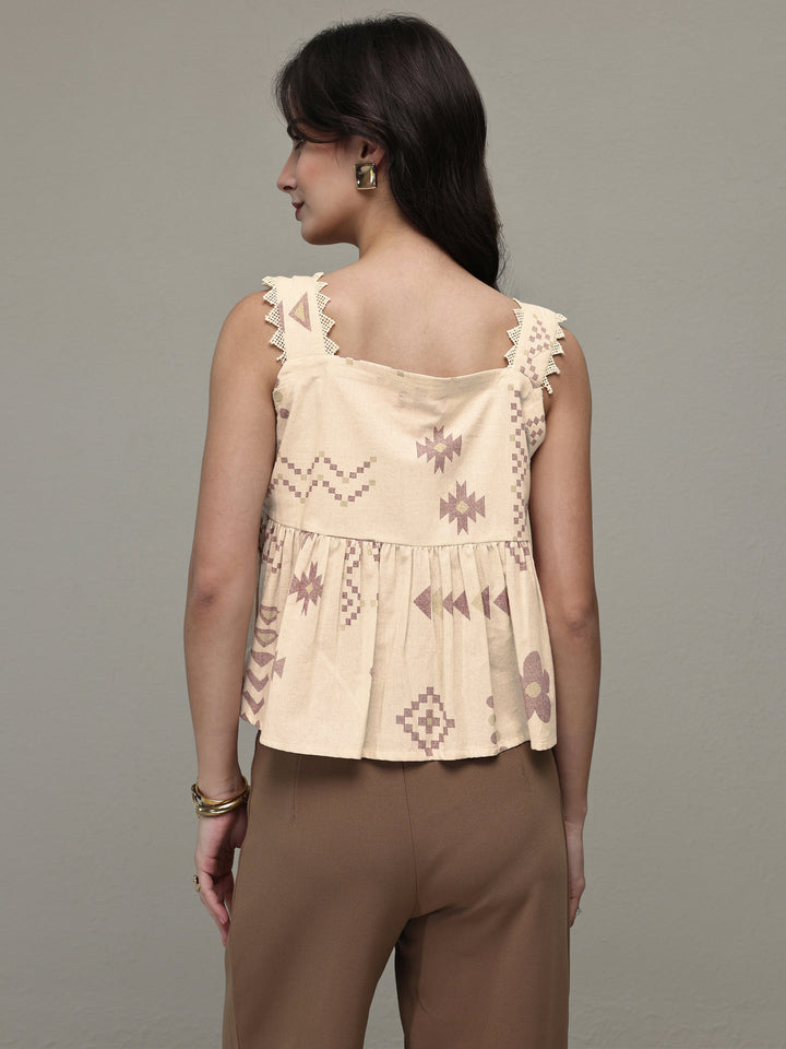 Off White Geometric Printed Cotton Anarkali Top