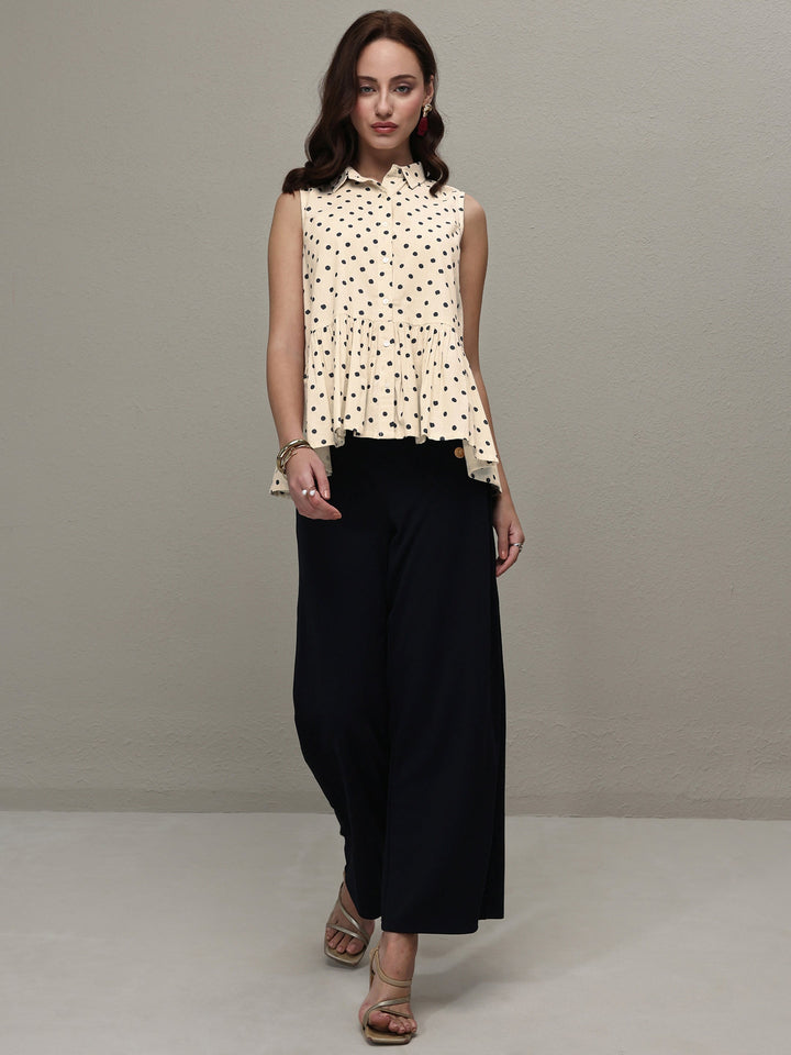 Off White Polka Dot Printed Cotton A-Line Top