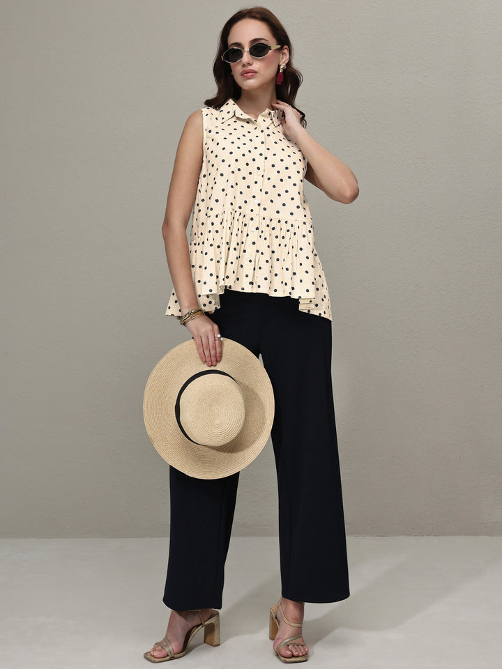 Off White Polka Dot Printed Cotton A-Line Top