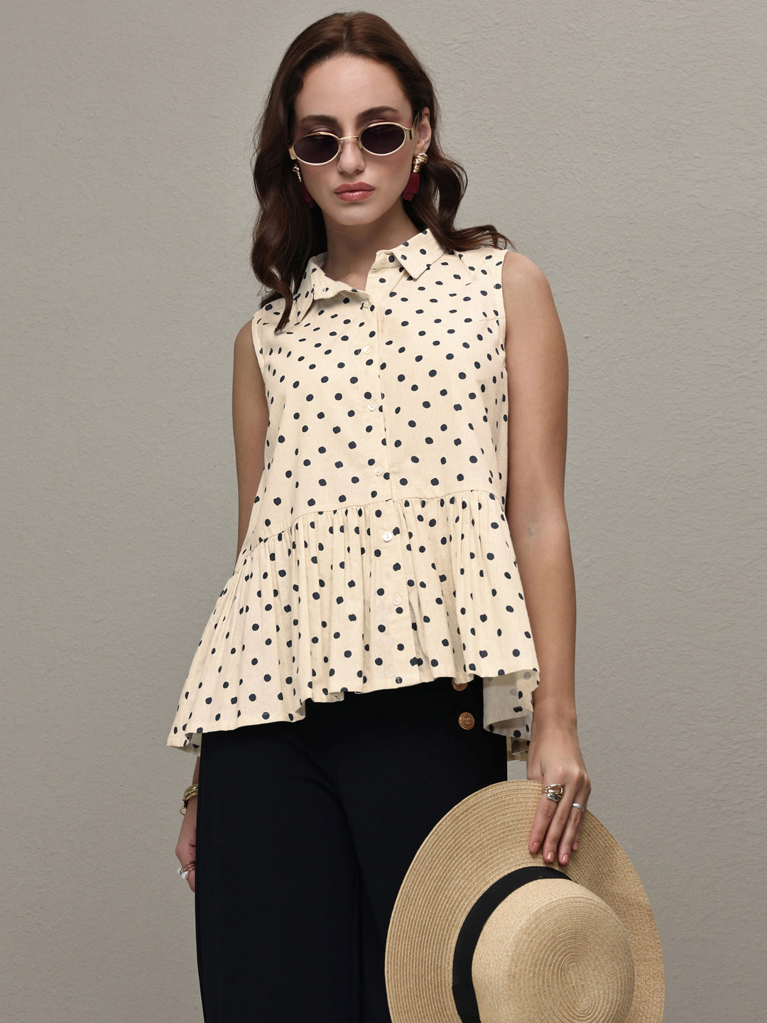 Off White Polka Dot Printed Cotton A-Line Top