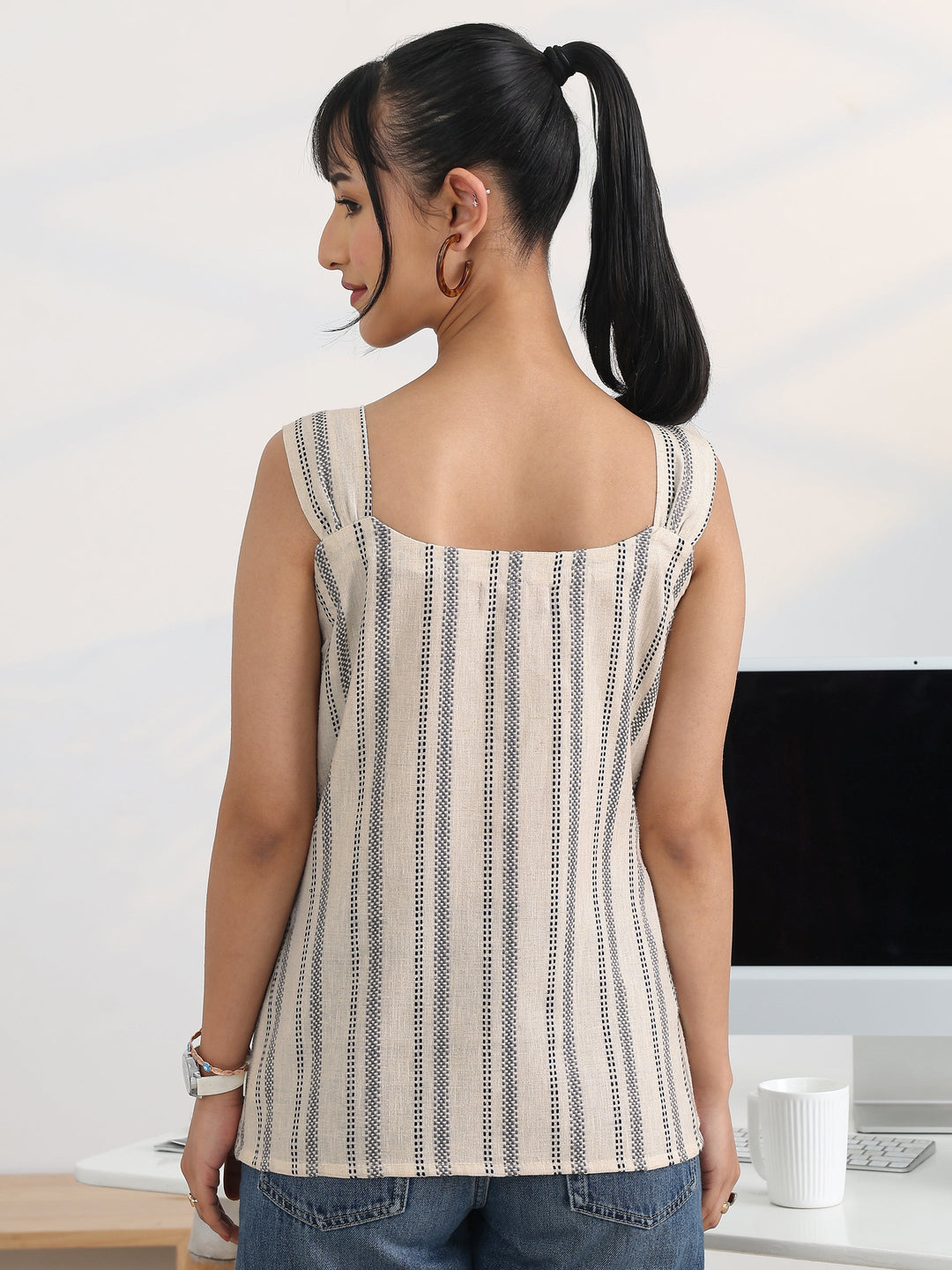 Off White Self Design Cotton Blend Straight Top
