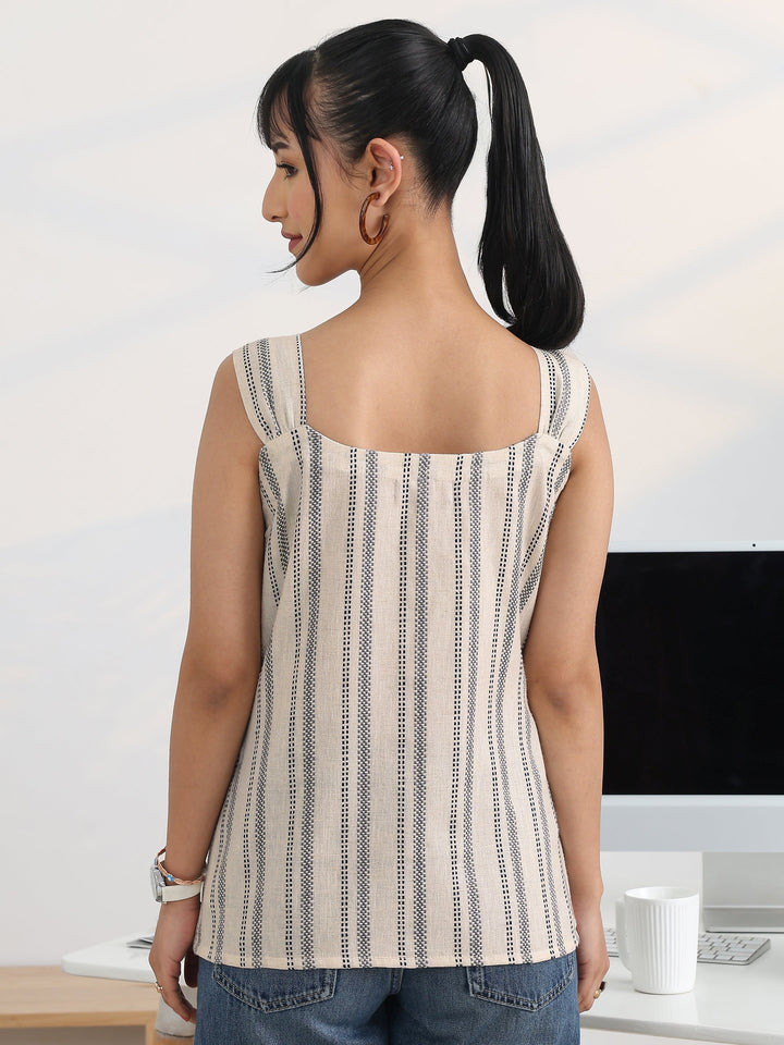 Off White Self Design Cotton Blend Straight Top