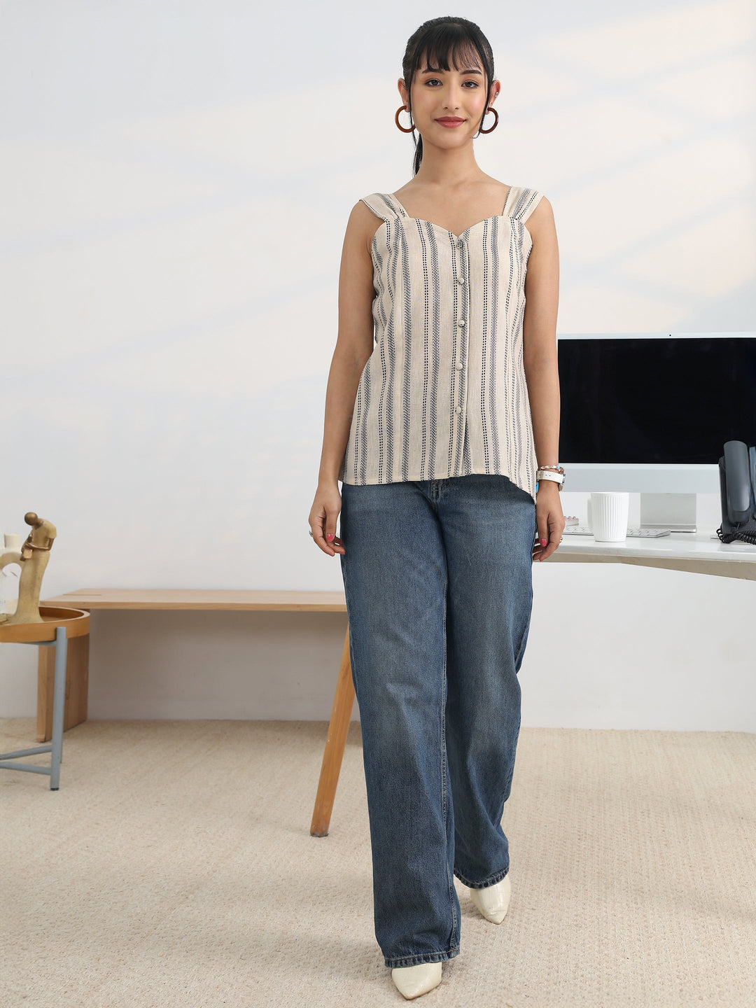 Off White Self Design Cotton Blend Straight Top